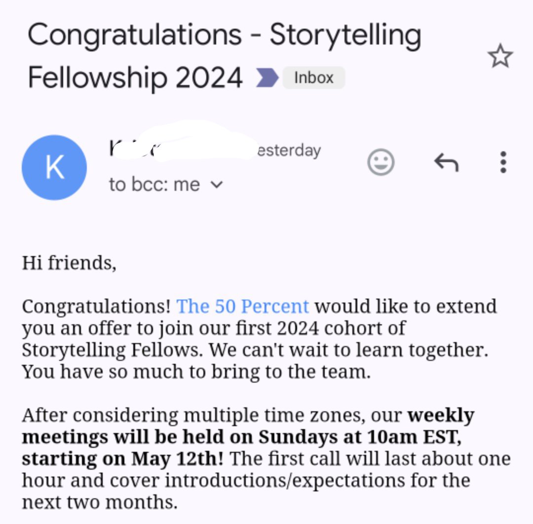 I have been selected for the 2 month long storytelling fellowship from The 50 Percent Organizations!