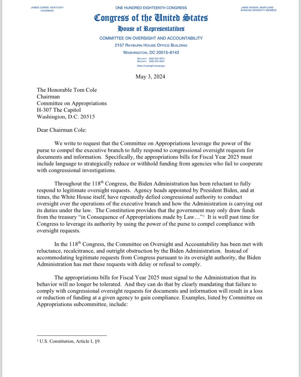 🚨BREAKING🚨

We are calling for budget cuts for federal agencies who are obstructing our oversight.  

The Biden Administration is obstructing many of our investigations aimed at ensuring federal agencies are accomplishing their duties for the American people. 

These agencies…