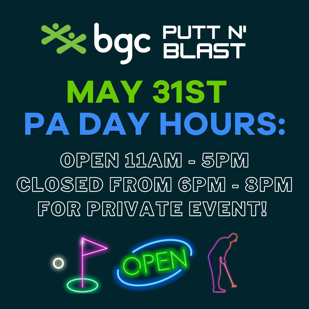 Spend the May 31st PA Day at BGC Putt N' Blast! ⛳💜 @puttnblast will be open from 11am - 5pm and will close at 6pm for a private event. Swing by for some drop in glow-in-the-dark mini putt and laser tag fun!