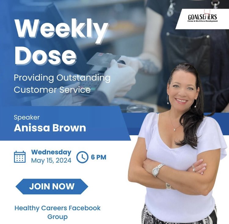 Join us for the Weekly Dose May 15th for 'Providing Outstanding Customer Service'! Click the link to tune in: facebook.com/groups/2834594… #careercoach #businesscoach #hradvisor #resumeservices #weeklydose #customerservice