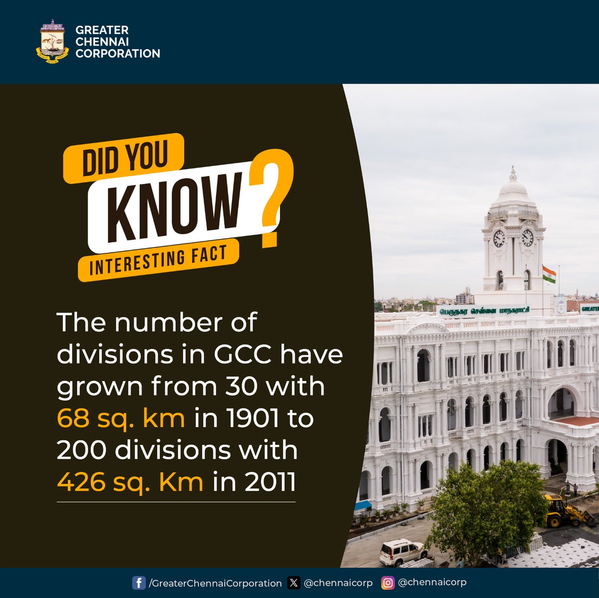 Dear #Chennaiites,

In 1901, with an area of 68 sq. km, Madras was divided into 30 divisions for efficient governance and urban management. Due to the growth of city population, in 2011 #Chennai expanded to 426 sq. km.

@RAKRI1 
#ChennaiCorporation
#HeretoServe