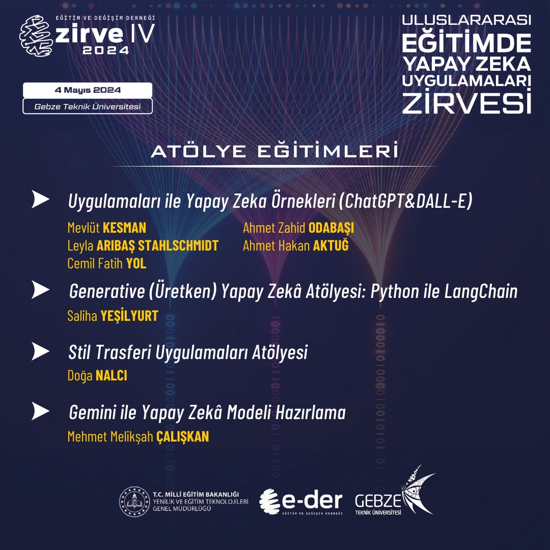 egitimdegisim's tweet photo. Eğitim Değişim Zirvesi IV programımızda eğitimde yapay zeka uygulamaları atölye eğitimleri ile gerçekleşecektir.
@mebyegitek @GtuEduTr @HAVELSANResmi @reismakina
@AsfaKoleji
#egitimdegisimzirvesiIV #chatgpt #pyhton #longchain #gemini https://t.co/HmZc0KtM5O