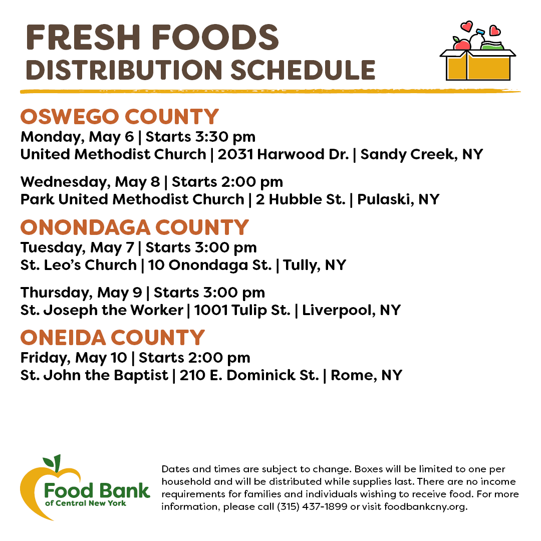 Are you or somebody you know in need of fresh food items at no cost? Here's this week's distribution schedule:⁠
⁠
🚛Mobile Food Pantry: #CentralSquare, #Fulton, #Parish, #Munnsville & #Syracuse
⁠
🍎Partner Agency Fresh Foods:  #SandyCreek, #Pulaski, #Tully, #Liverpool & #Rome