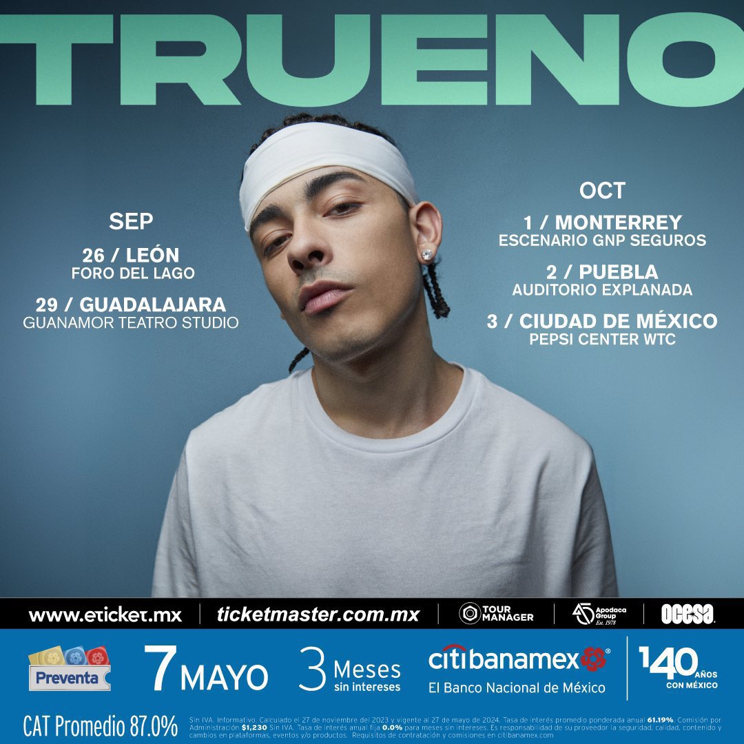 TRUENO regresa a MEXICO.⚡️ Septiembre: 26 - LEON (Foro del Lago) 29 - GUADALAJARA (Guanamor Teatro Estudio) Octubre: 1 - MONTERREY (Escenario GNP) 2 - PUEBLA (Auditorio Explanada) 3 - CDMX (Pepsi Center WTC) La preventa CITIBANAMEX es el 7 de mayo.