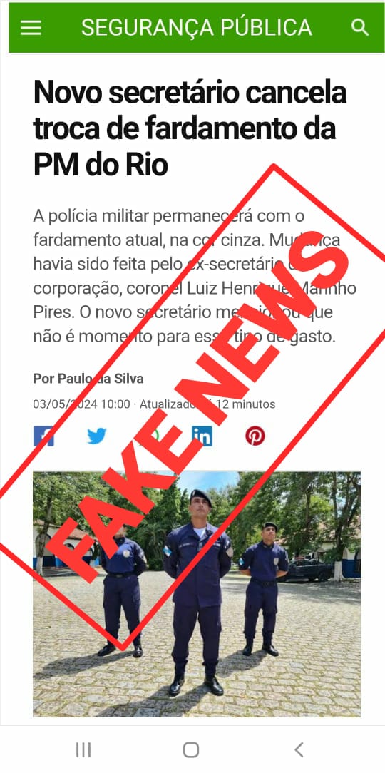 PMERJ's tweet photo. É falsa a informação que circula nas redes sociais e em grupos de mensagem, sobre suposto cancelamento da troca de fardamento da Polícia Militar.

#ÉBoato #FakeNews #Alerta #PMERJ https://t.co/EjUKDEmg2v