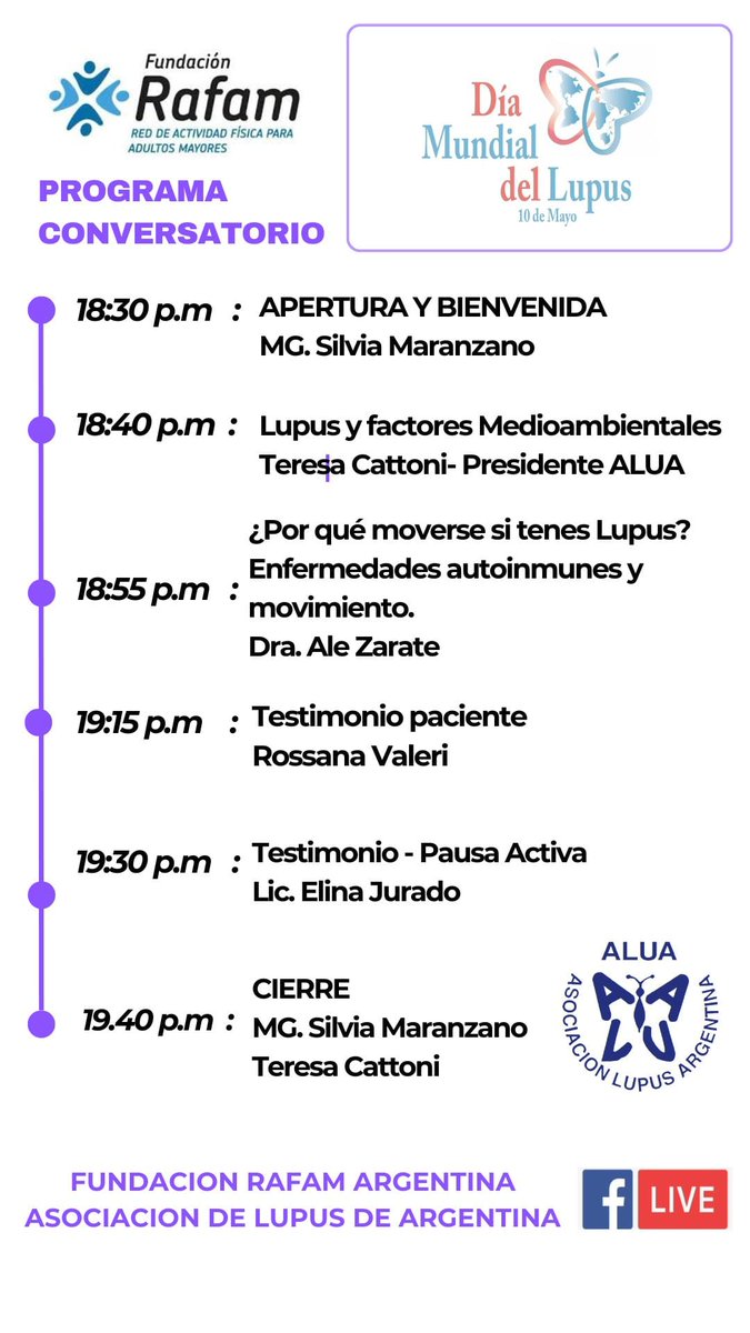 En el marco de Convenio con la Fund. Rafam Argentina y Rafam Internacional realizaremos un Conversatorio de Lupus sobre Actividad Física y Ejercicio conmemorando el Día Mundial del Lupus, el 10 de Mayo a las 18.30 hs en simultáneo por ambas páginas de facebook .
