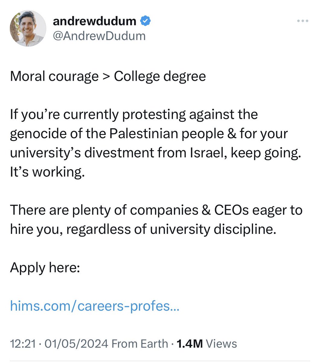 I don’t have an issue with hair loss, not yet anyway, but if I did… @wearehims. Good to see this praise of moral courage, protesting against the genocide of Palestinians, from Palestinian-American CEO @AndrewDudum.