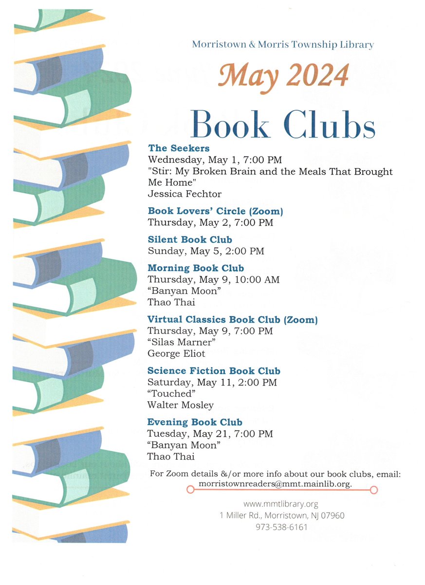 MMTLibrary's tweet photo. We offer a host of book club options each month. Here's the lineup for May, and in the meantime: HAPPY READING! https://t.co/P78KLpbLI2