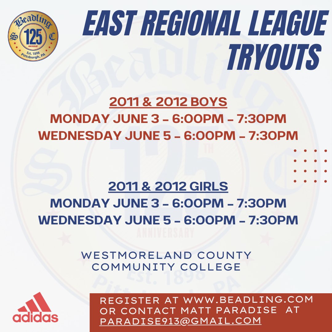 2024/25 East tryout schedule is here! You can register for tryouts at Beadling.com. We look forward to seeing you there! #WearTheB