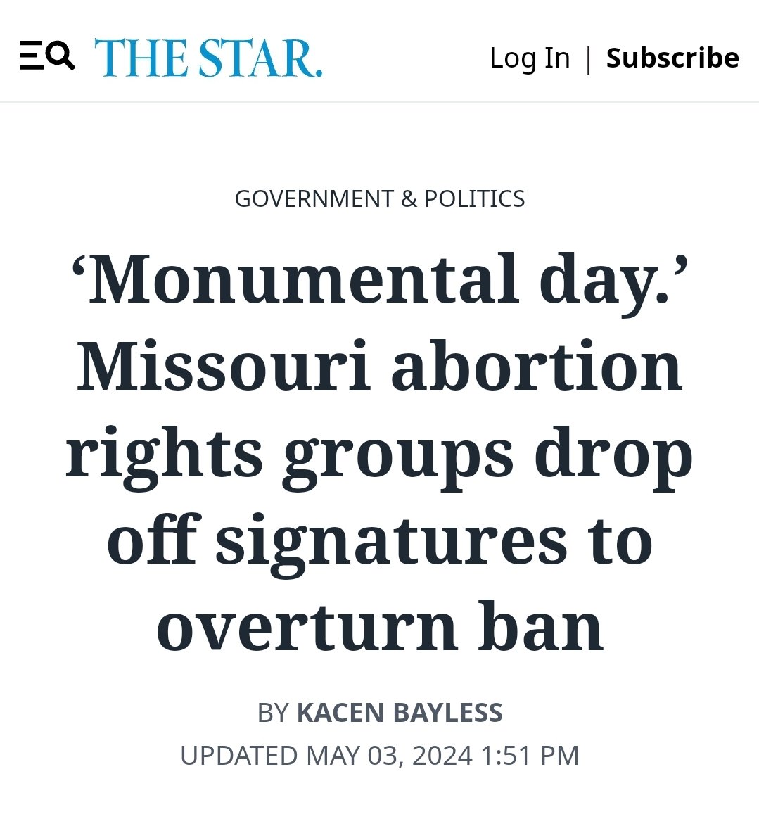 'The coalition of abortion rights groups, called Missourians for Constitutional Freedom, said it dropped off more than 380,000 signatures at the Secretary of State’s Office — well above the roughly 171,000 required.' kansascity.com/news/politics-…