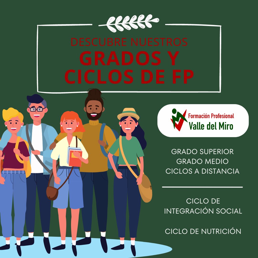 ValledelMiro's tweet photo. 🔴 CICLOS FORMACIÓN PROFESIONAL 👉 Grado Superior

Vocación ➕ FP 🟰 EMPLEO

¡Pregúntanos sin compromiso y echa un vistazo a todos nuestros ciclos! 👇
91 865 80 73
info@colegiovalledelmiro.es
https://t.co/pqRyrNeVdb

#ValledelMiro #Valdemoro #GradoSuperior #GradoMedio #FPBásica https://t.co/yWRoZA3pSJ