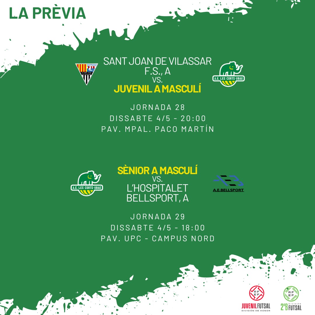 FUTSAL | ⚽ La prèvia de la jornada del futbol sala mamut dels dos conjunts masculins de categoria nacional. ⚔️ El Juvenil A visita el @CFSSantJoanVdM. ⚔️ El Sènior A rep el @aebellsport. Som-hi mamuts! 💚🦣 #OrgullMamut #futsal