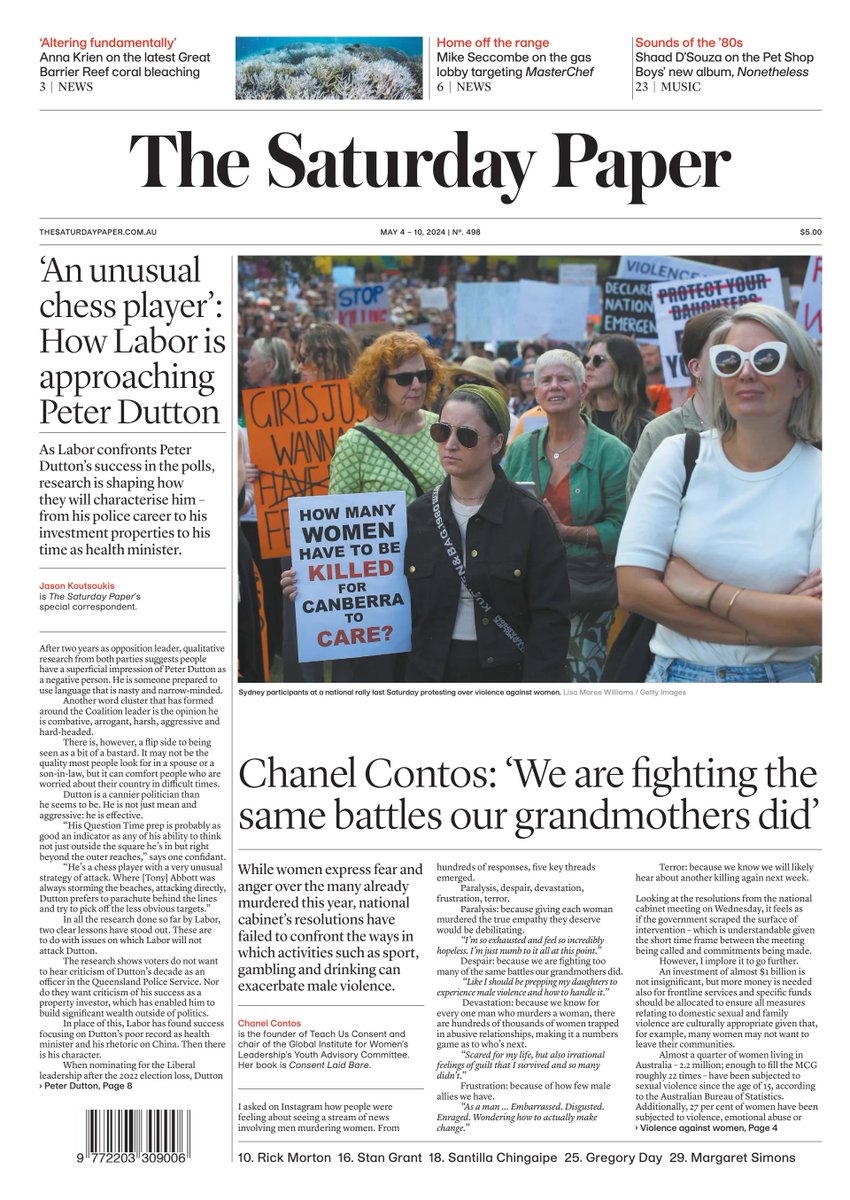 🇦🇺 We Are Fighting The Same Battles Our Grandmothers Did

▫National cabinet have failed to confront ways in which activities such as sport, gambling and drinking can exacerbate male violence
▫<a href="/Chanelcontos/">Chanel Contos</a>
▫is.gd/W0TwzP 👈

#frontpagestoday #Australia <a href="/SatPaper/">The Saturday Paper</a> 🇦🇺