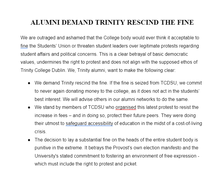 AlumniForTCD's tweet photo. We are urging Trinity alumni who are outraged at @tcddublin's drastic decision to lump @tcdsu with a €214K fine, aimed at undermining students' right to protest, to contact the college and demand they rescind the fine. 

EMAIL LINK HERE, PLEASE RT: https://t.co/5SVkfC2P0T https://t.co/nmNC6NoOUL