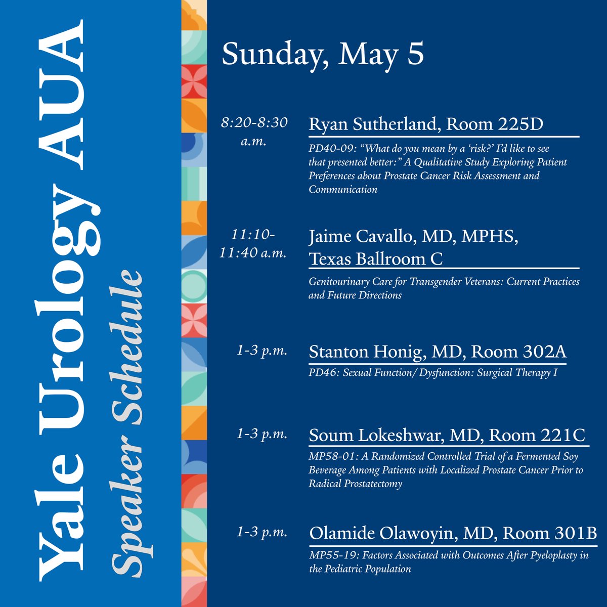 It's been a great #AUA24 for our faculty, residents, and research associates. They've been sharing their knowledge and learning from other urologists. Here's where, when, and what topics they'll be discussing. @YaleMed|@AmerUrological|@shonig|@SoumLokeshwar|@OlamideOlawo