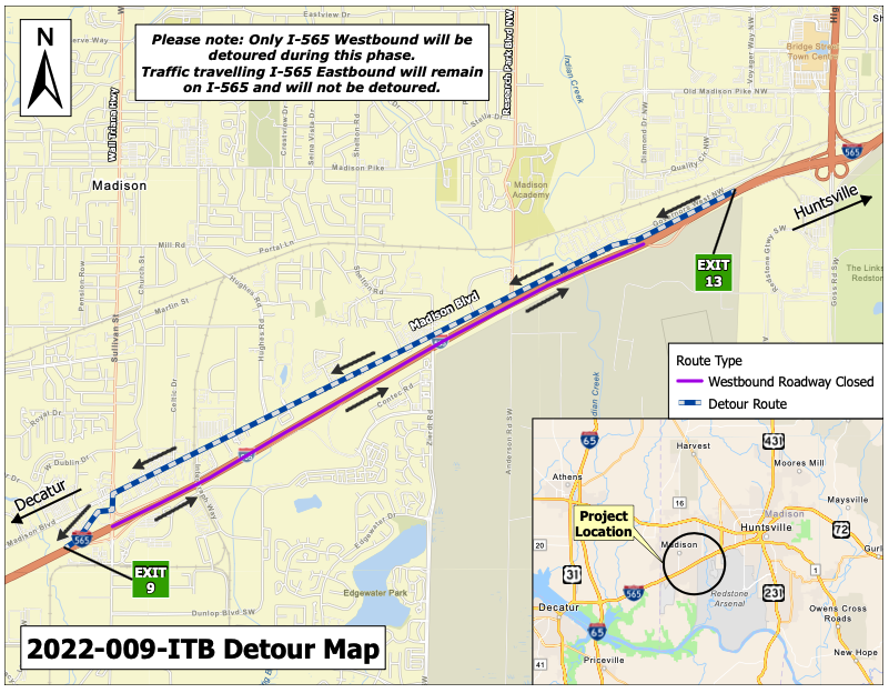 Contractors are continuing overnight work on the I565 overpass at the Town Madison District. Westbound detours extend into next week, May 6th through 9th from 10pm-4am. Please proceed with caution in the area.