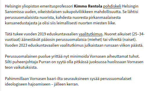 Ilta-Sanomien pääkirjoitustoimittaja @UllaKaukola eiku Timo Paunonen ennustaa, että tapaus Vornanen saa Pirkanmaan Pintakäsittelijät perustamaan oman TikTok-puolueen, joka... jotain...

Nää toimittajat kirjoittaa näin. Joka päivä.

is.fi/paakirjoitus/a…