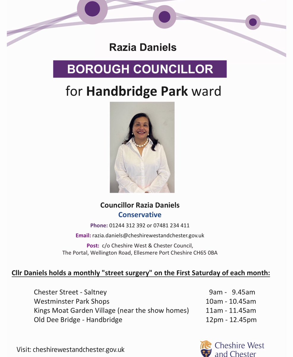 My monthly street surgery is tomorrow morning.  Please do pop along for a chat… #Saltney shops  #Curzon Park #Westminster Park shops  #Kings Moat Garden Village and the Old Dee Bridge #Handbridge Park Ward  #Chester