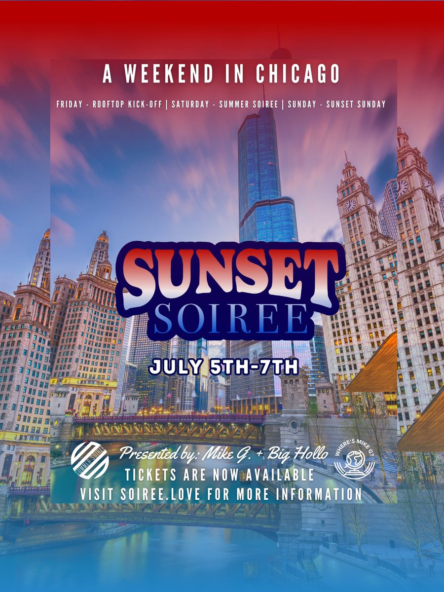 Get ready to elevate your Independence Day weekend with Sunset Soirée taking over Chicago from July 5th to 7th! @craneceo you ready? 👀🥂

Early Bird Tickets 🎟️ are now available: eventbrite.com/e/sunset-soire…

#SunsetSoiree|
#SummertimeChi #SummerSoiree #SunetSundays