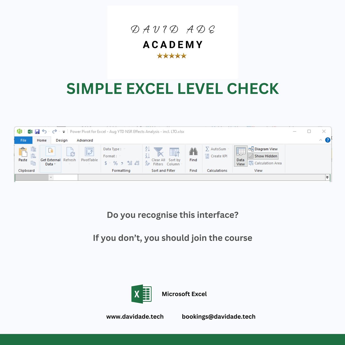 DavidAdeAcademy's tweet image. Do you recognize this Excel interface? If not, you should register for our beginner's course in Excel.
#Davidadeacademy #excel #excelforbeginners 
 
Register now: davidade.tech/courses-and-se…