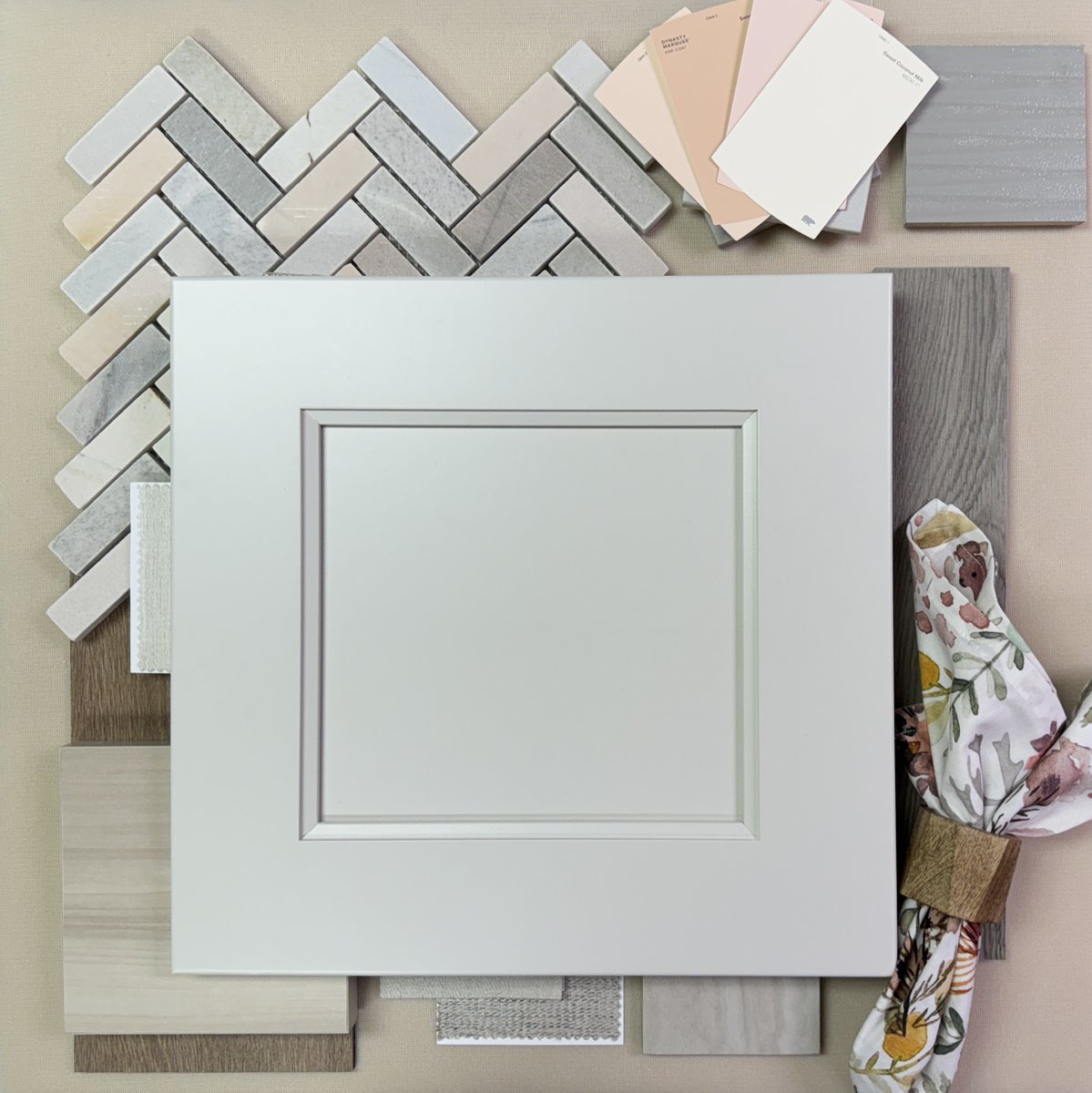 Welcome back to Flatlay Friday, our favorite day of the week! Want to bring this stylish look to life? We're here to make it happen with these standout pieces: Finish- Alabaster Door Style: Wyatt Behr Paint Samples Crossville Ceramics Crossville Tile Shaw Contract Flooring
