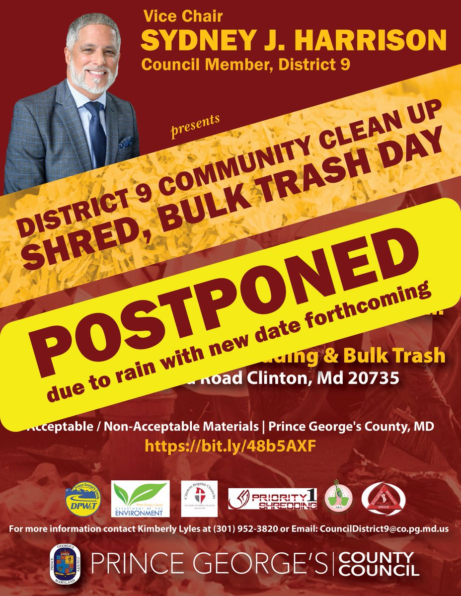 Vice Chair @CouncilMemberD9’s community clean up event has been postponed due to rain with a new date forthcoming.