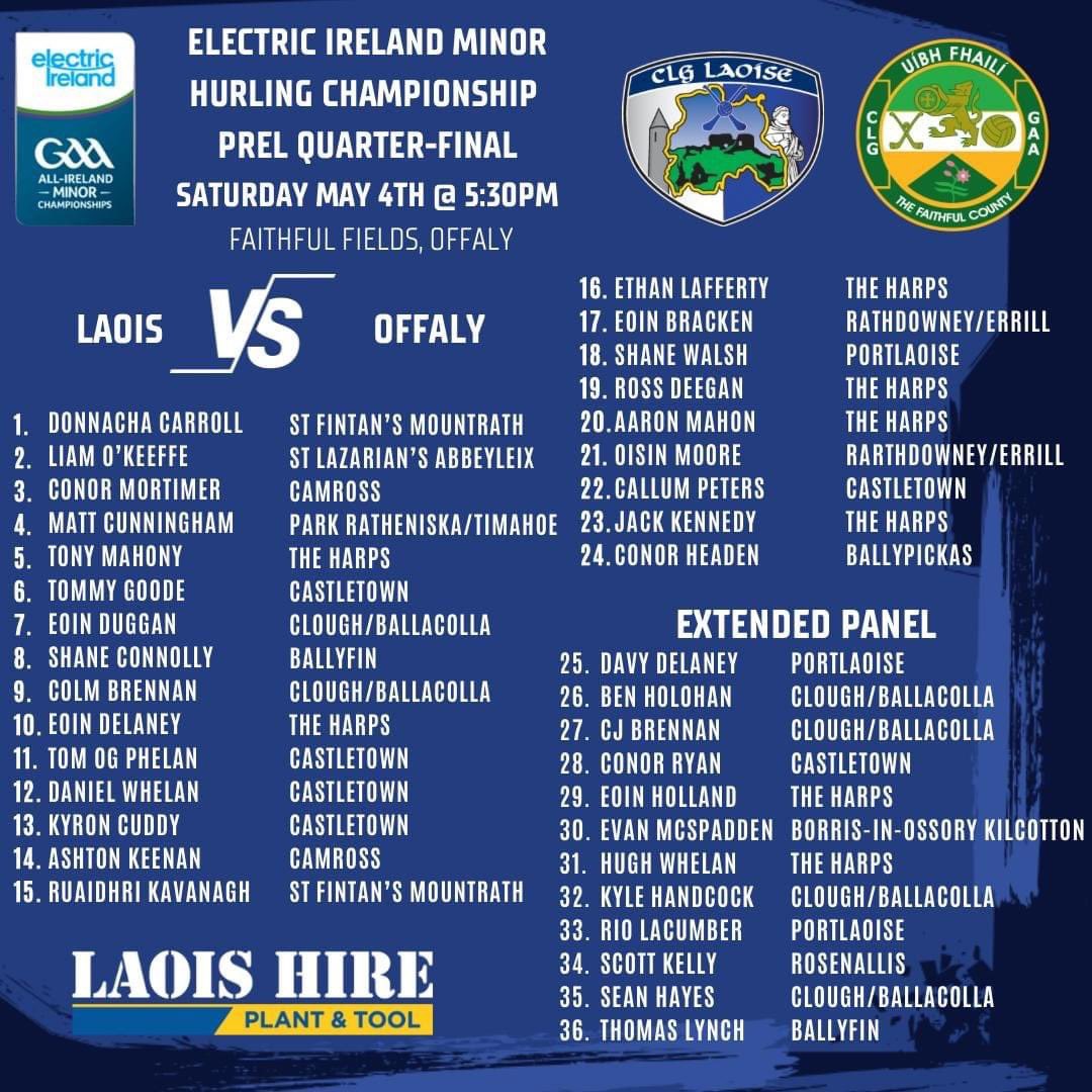 Best wishes to Laois Minor Hurlers tomorrow vs Offaly, especially our own lads Donnacha, Conor, Tommy, Shane, Colm, Tom Óg, Dan, Kyron, Ashton, Callum, Ruaidhri, Conor, Evan, Kyle, Sean & Thomas 💙🤍 Best of luck lads 👏🏼