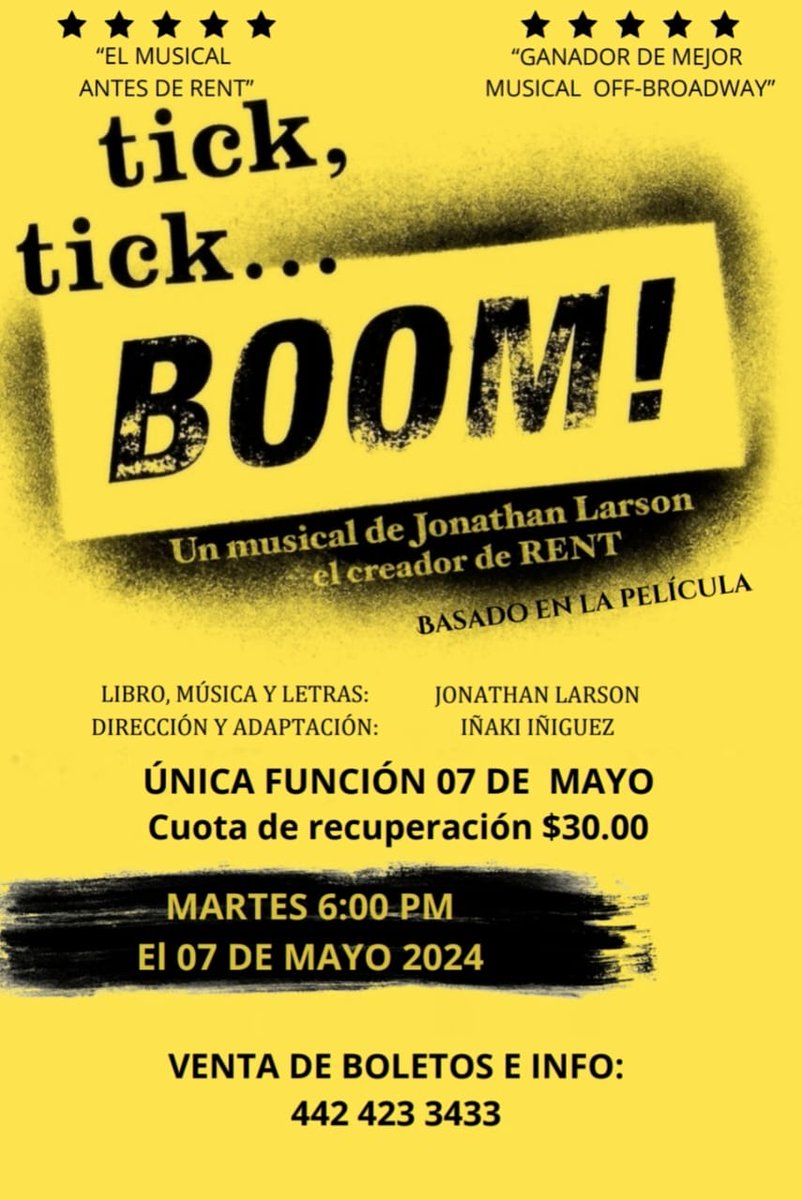 @asomarte El martes 07 mayo/24 en función Única, se presentará #ticktickboom  en el Colegio @frayluisdeleonQ me apoyan a difundirla, gracias.