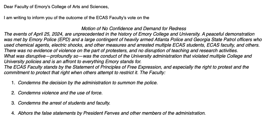cassidycody's tweet image. #Emory College Faculty vote of #NoConfidence in President Fenves and Demand for Redress passes 75% (358) to 24% (119). A majority of faculty voted (there's ~550 college faculty, from my understanding).