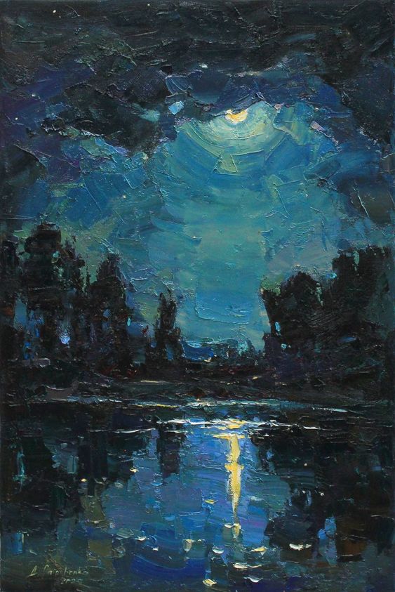 “Quando non sarai più parte di me, ritaglierò dal tuo ricordo tante piccole stelle, allora il cielo sarà così bello che tutto il mondo si innamorerà della notte.” William Shakespeare 'Moon Night' - Alisa Onipchenko painting