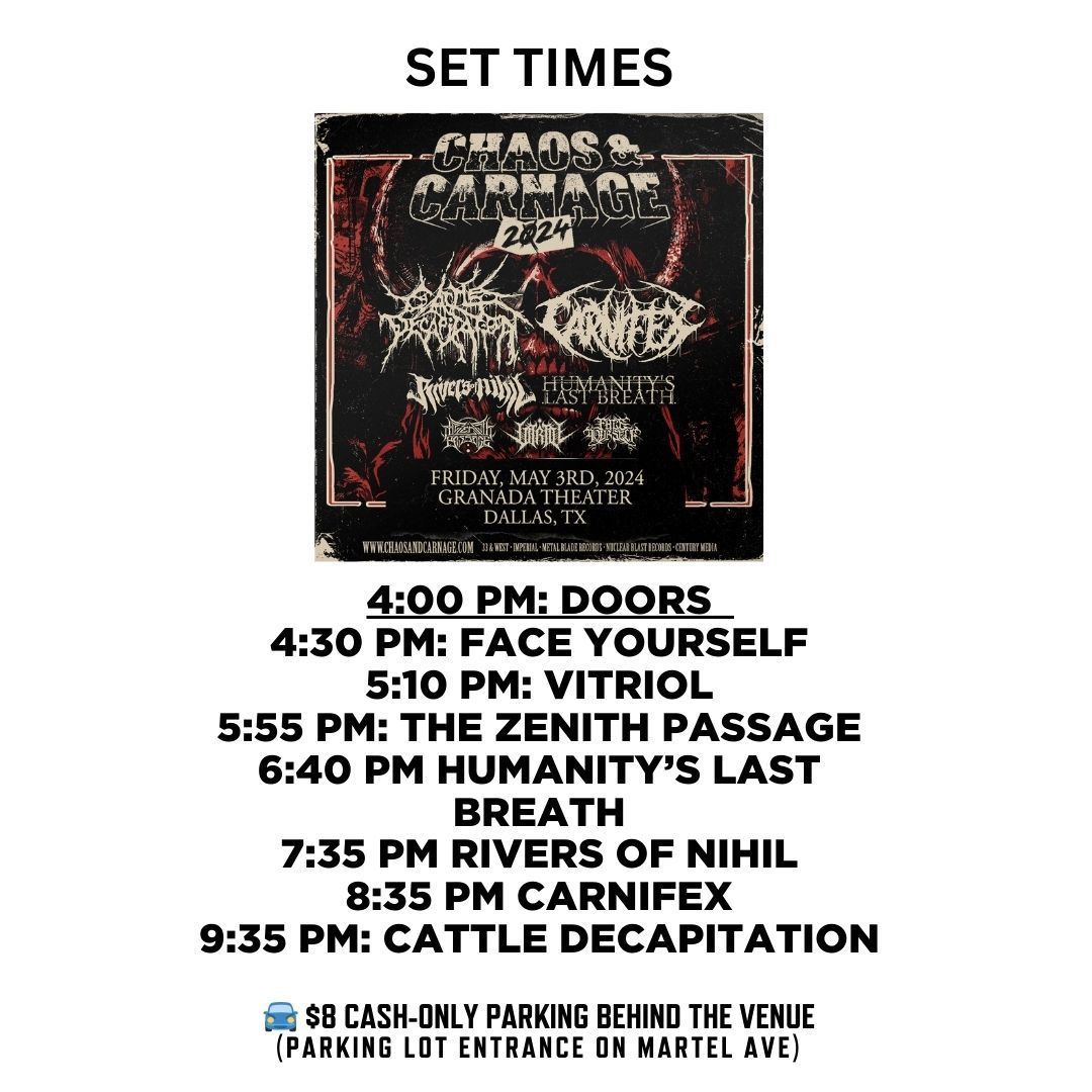 🍻 START YOUR WEEKEND EARLY (Today 5/3)!! 🎸 Doors open at 4p, Music starts at 4:30p.🚨 CHAOS & CARNAGE 2024 🚨 Grab tix at the door or now @ prekindle.com/find-tickets/i… 🌮 Get Food & Drinks before, during or after the show next door at Sundown at Granada 🍺