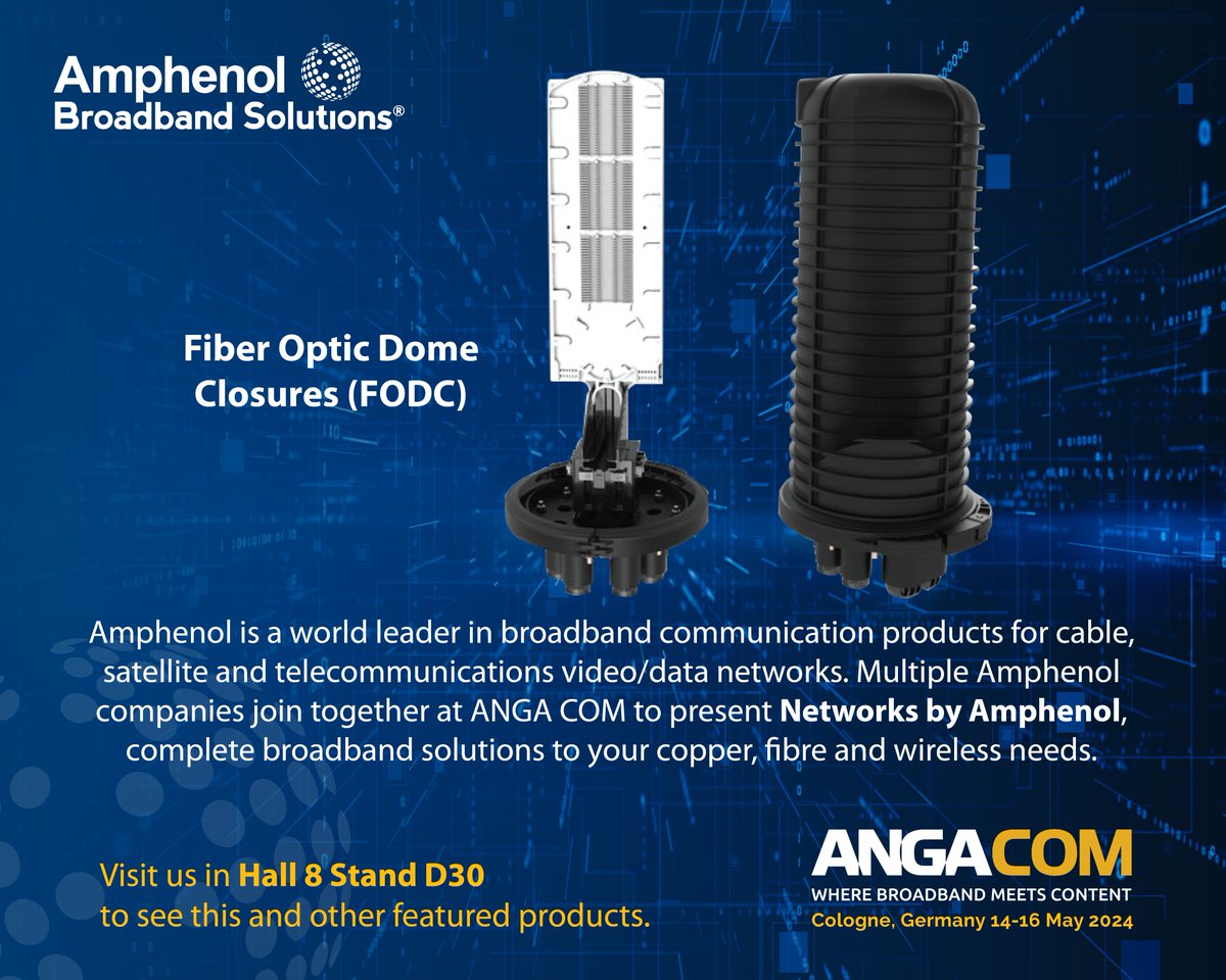 Amphenol‘s Fibre Optic Dome Closures (FODC) provide a versatile solution for splicing and protecting outdoor fibre connections in a familiar dome form.
Learn more: bit.ly/3fkDjUf
Visit us in Hall 8 Stand D30 to see this and other featured products at @ANGA_COM.
#amphenol