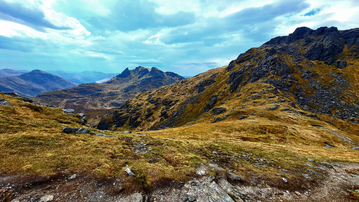 Today, I decided to head out of the city and spend the day in the Arrochar Alps. This was the view, including Beinn Narnain (right), the Cobbler (middle), and (I think) the Brack (left), with Loch Goil just making an appearance in the distance.

#glasgow #arrocharalps #scotland