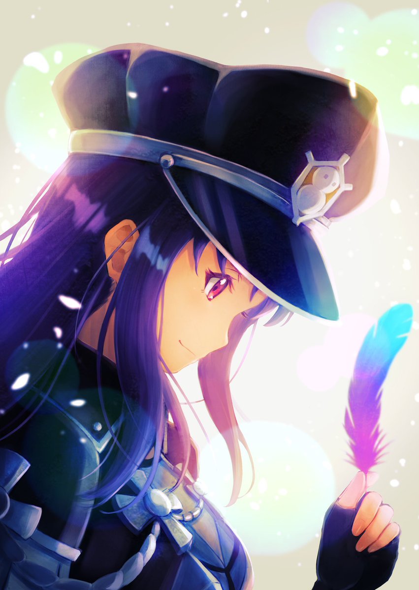 1girl solo long hair smile gloves red eyes hat  illustration images