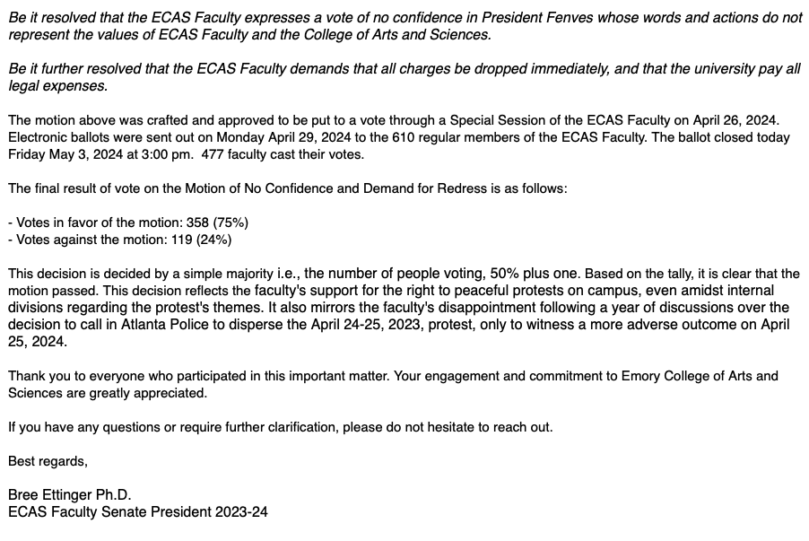 #Emory College Faculty vote of #NoConfidence in President Fenves and Demand for Redress passes 75% (358) to 24% (119). A majority of faculty voted (there's ~550 college faculty, from my understanding).