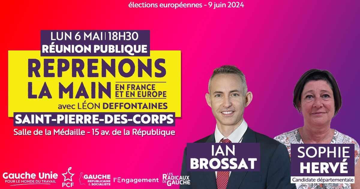 🔴🟣 @IanBrossat , sénateur et porte parole du PCF et Sophie Hervé, agent EDF, syndicaliste dans le 37 et candidate sur la liste de la #GaucheUnie conduite par @L_Deffontaines tiendront une réunion publique lundi à #SaintPierredesCorps

📍RDV à 18h30 salle de la Médaille