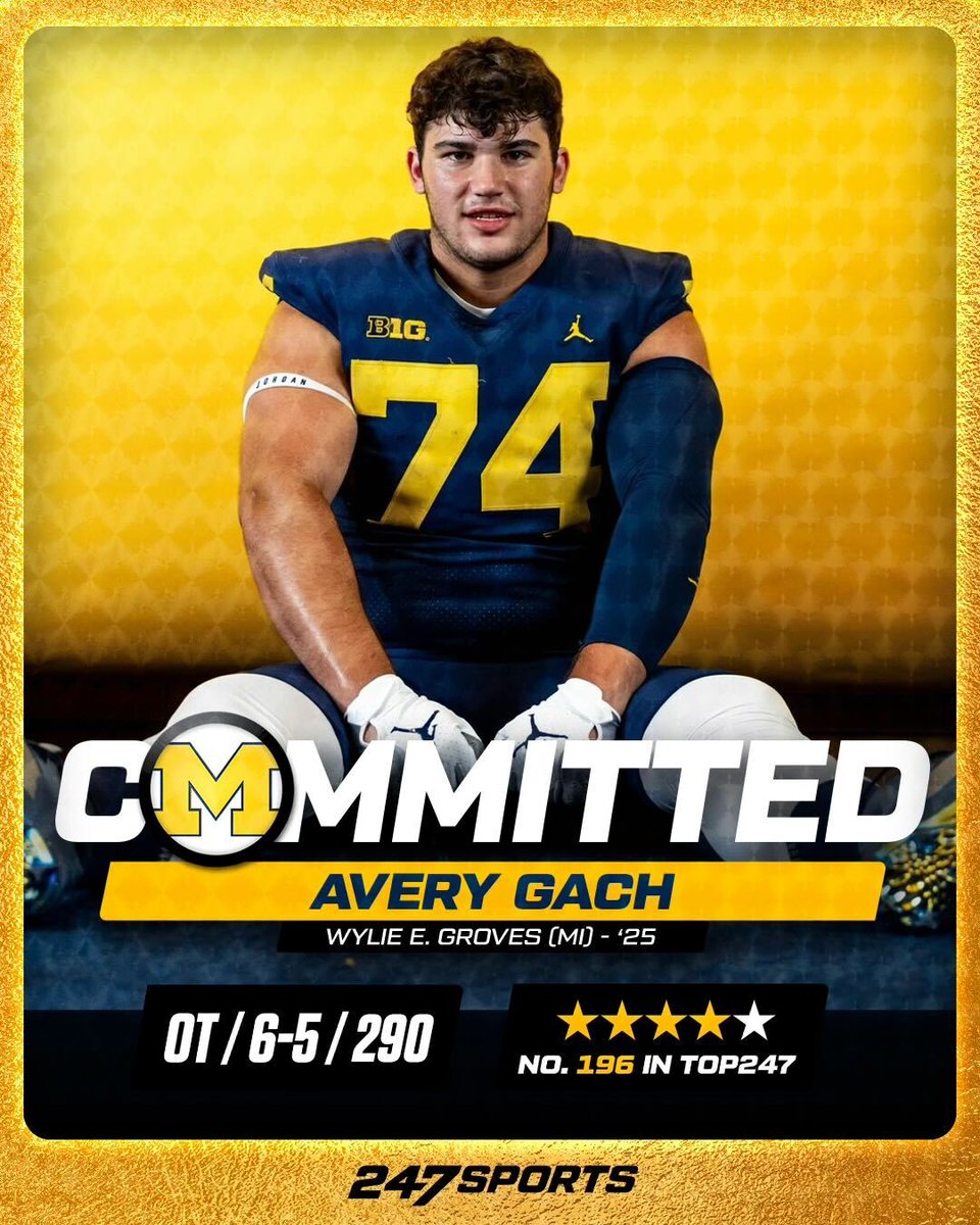 BREAKING: 4⭐️ OT Avery Gach has committed to Sherrone Moore and the defending national champion @UMichFootball Wolverines 〽️ Gach chose the Wolverines over Ohio State, Michigan State and Wisconsin. 247sports.com/player/avery-g…