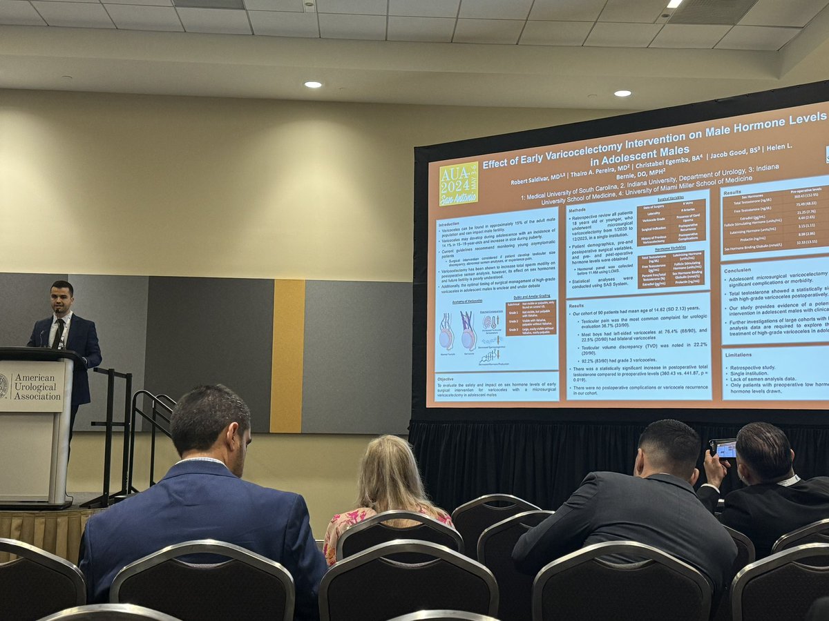 Glad to present one of our projects at #AUA2024. Adolescent microsurgical varicocelectomy is a safe surgery with no significant complications or morbidity and was shown to increase TT levels in our patient population. @drhelenbernie @IUuro