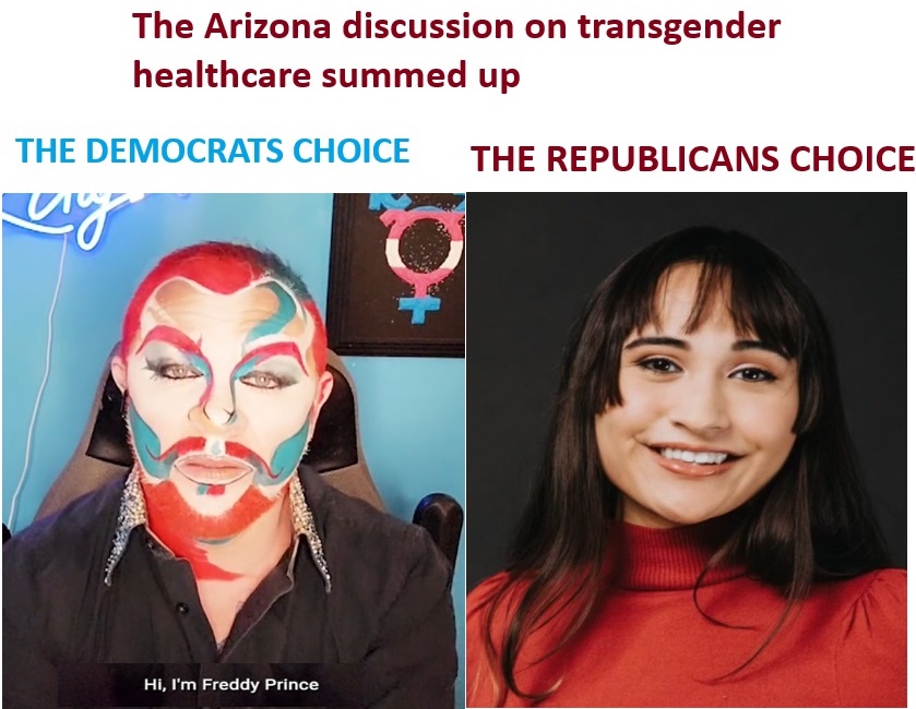 The #Arizona discussion on Transgender Healthcare summed up in picture form. They chose a face painted demon and we get @ChoooCole @AZGOP @azwomenofaction