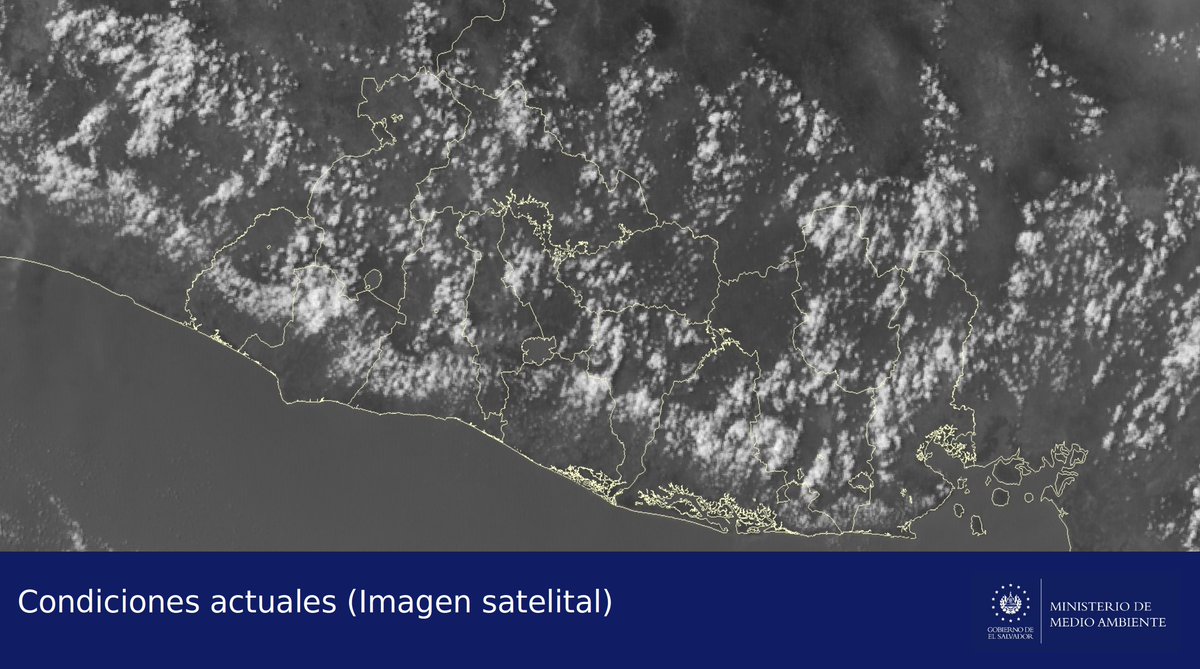 📌#ElObservatorioInforma Imagen de satélite muestra el cielo de poco a medio nublado sobre el país, principalmente a lo largo de la cordillera volcánica. Se registran lluvias aisladas en los alrededores del volcán de San Miguel.