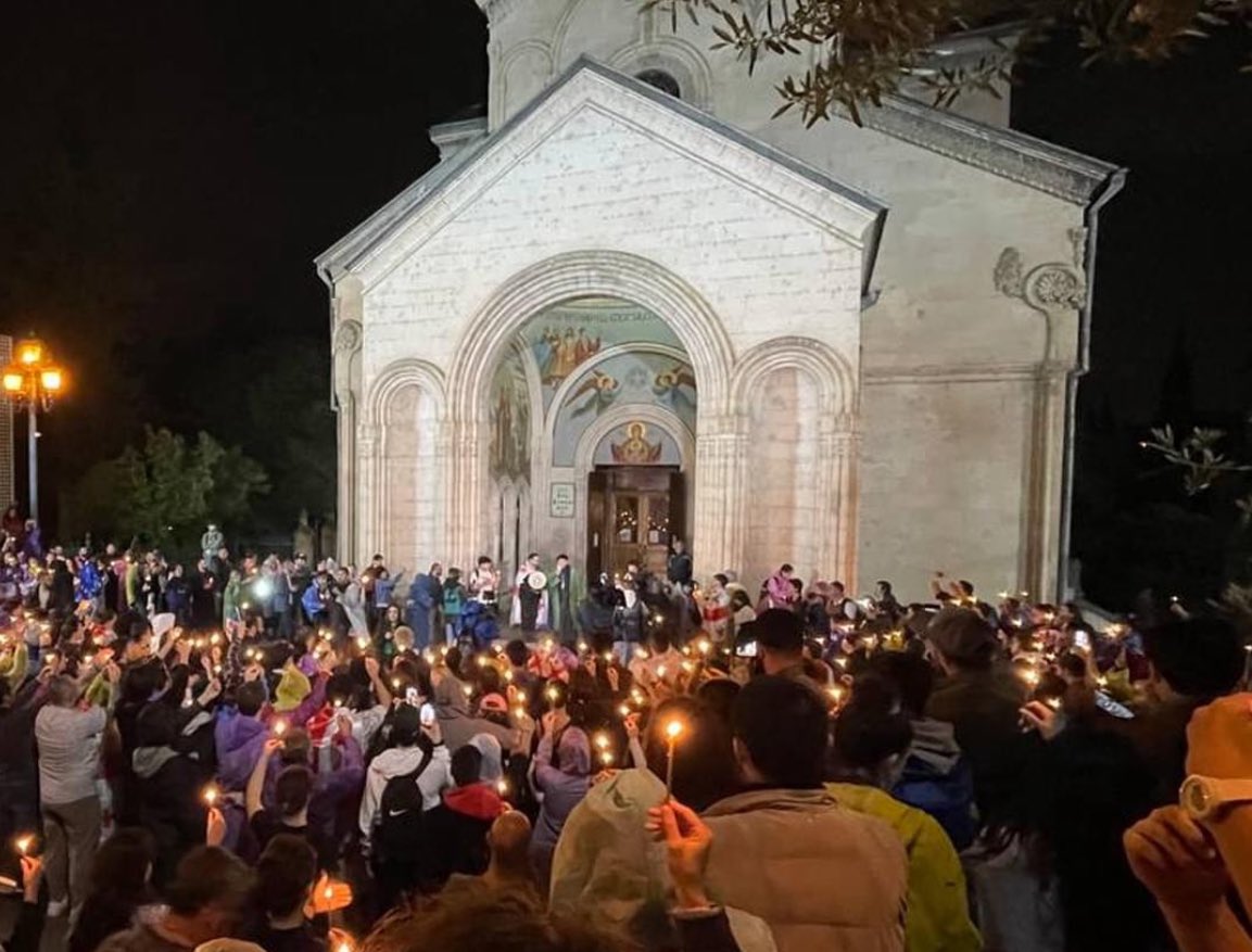 These days are precious for Georgians because the majority of the population is Orthodox Christian. Demonstrators started praying at Kashueti Church, which is located near the Parliament. Tomorrow, we also celebrate Easter here.