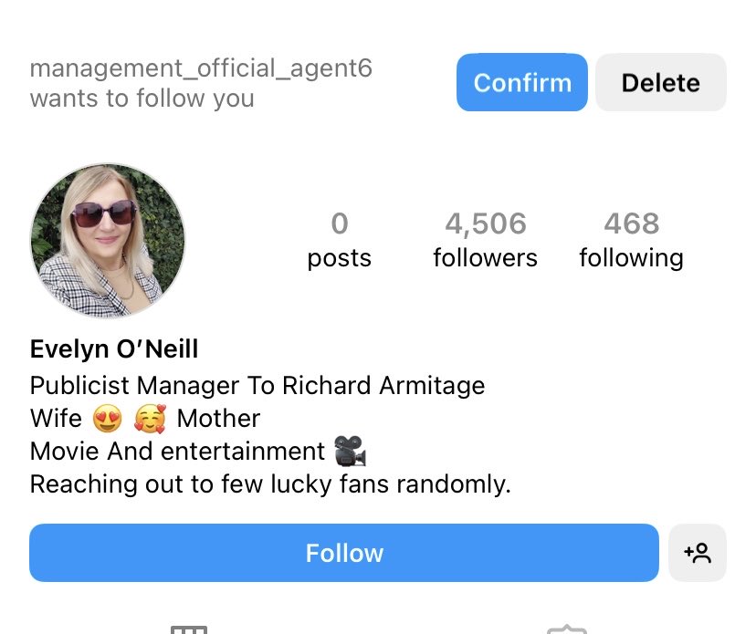 #scammer on instagram claiming to be #RichardArmitage ‘s “publicist manager.” Reported her as having “false information.” #fraud