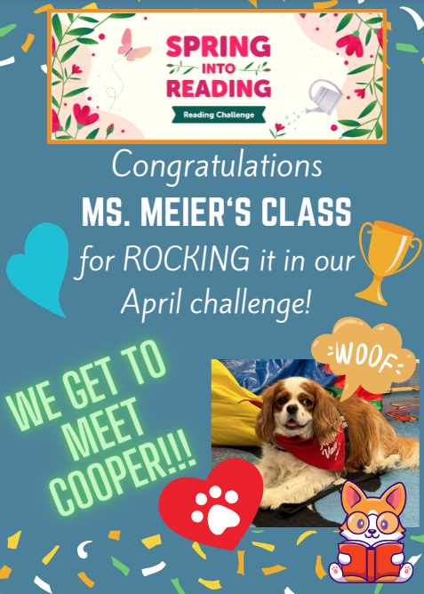 Congrats to Ms. Meier's 4th graders for winning our Beanstack🫘@zoobeanreads 'Spring Into Reading' Challenge! 👏🎉These avid readers will get to meet Cooper, the therapy dog 🐕‍🦺🐶next week! 🩷📚#SeguinReads @SeguinISD @McQueeneyESISD