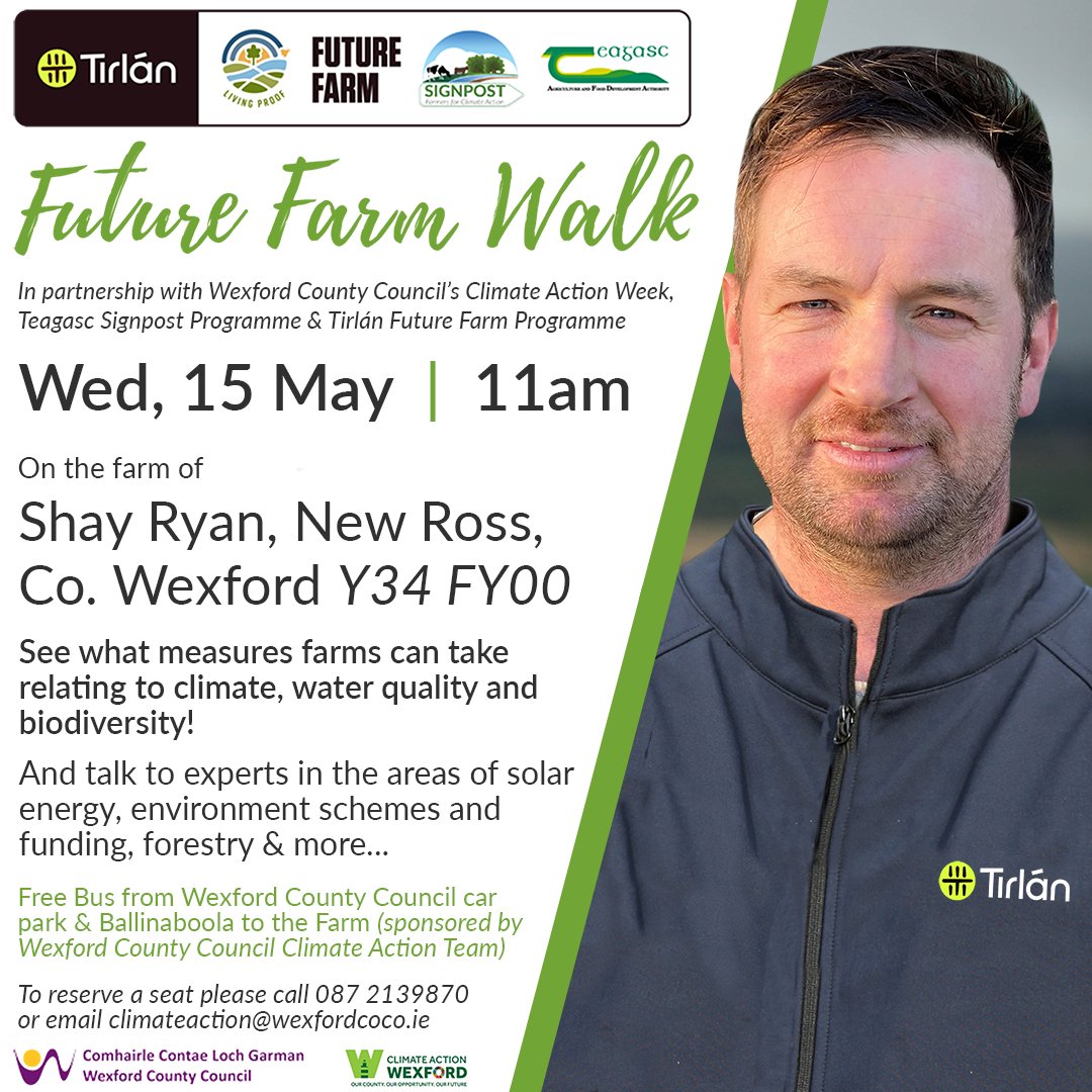 Join us on Wednesday, 15 May at 11am for a Future Farm Walk on the farm of Shay Ryan, New Ross, Co. Wexford. Talk to experts in the areas of solar energy, environment schemes and funding, forestry & more. More here bit.ly/4dijrxN @TeagascSignpost @wexfordcoco @tirlan_