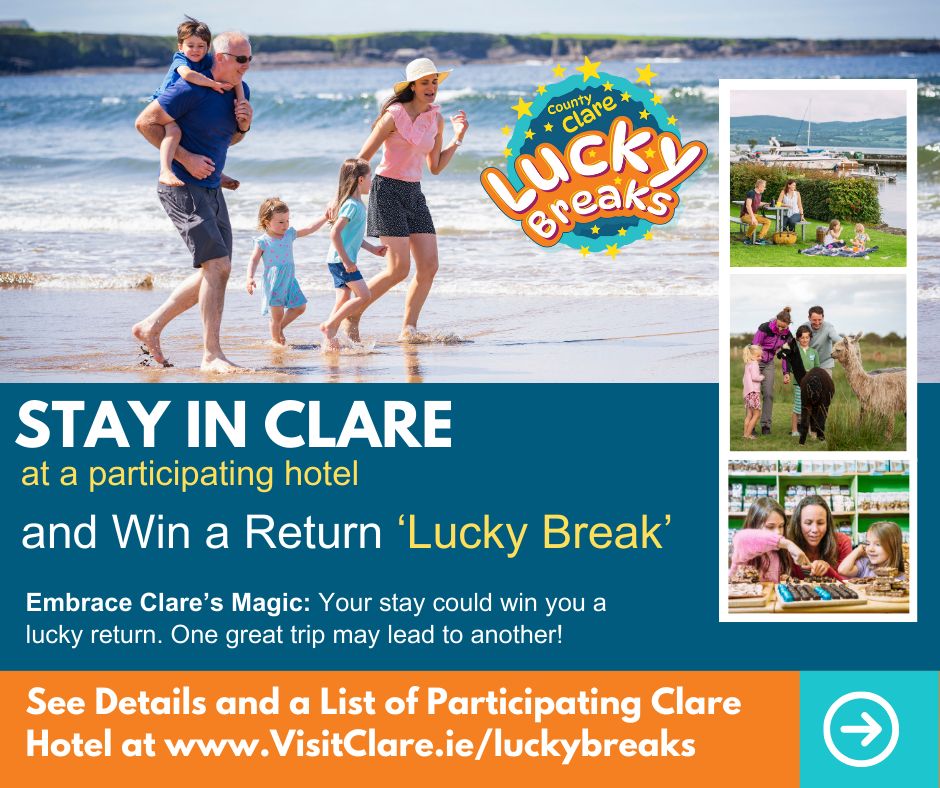 'Come Back Soon' with the 'Lucky Breaks' Initiative 💛💙 Visit Clare and twelve leading hotels are rolling out the welcome with the possibility of a return visit! Guests can register for the draw during their stay at any participating hotel. For details VisitClare.ie/luckybreaks