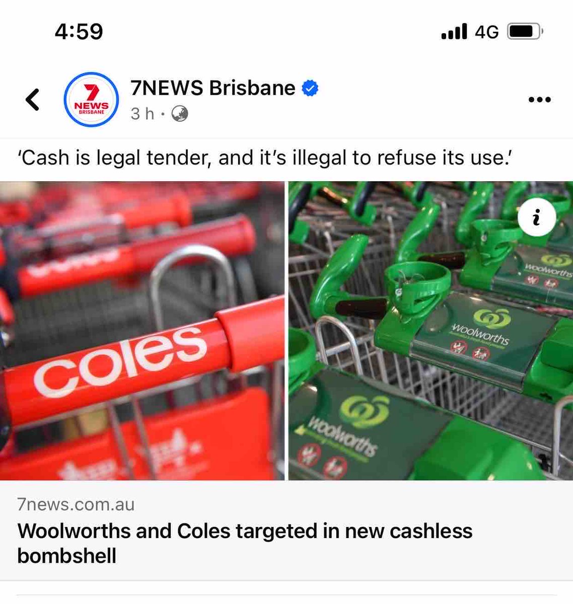 MRobertsQLD's tweet photo. Channel 7 reports:

Pro-cash advocates call on all Australians to boycott Woolies &amp; Coles nationally on Saturday, May 4

The Call Out Cashless Businesses Facebook group is leading the national movement that encourages consumers to avoid shopping at the supermarket giants https://t.co/mB6Ln069dy