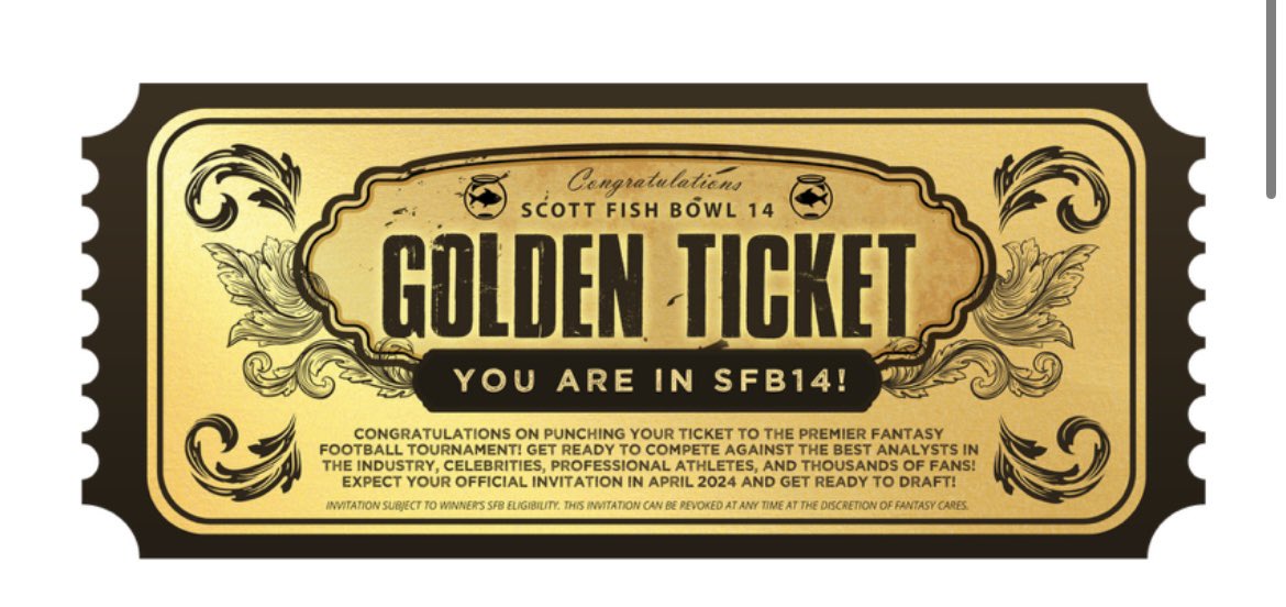 I got my golden ticket!!! thanks for organizing & all that you do year in and year out @ScottFish24. Special thanks to @Spydes78 for helping out the SFB Hopefuls again this year & of course @thekaceykasem for selecting me as part of her give away!! (back to ignoring all my