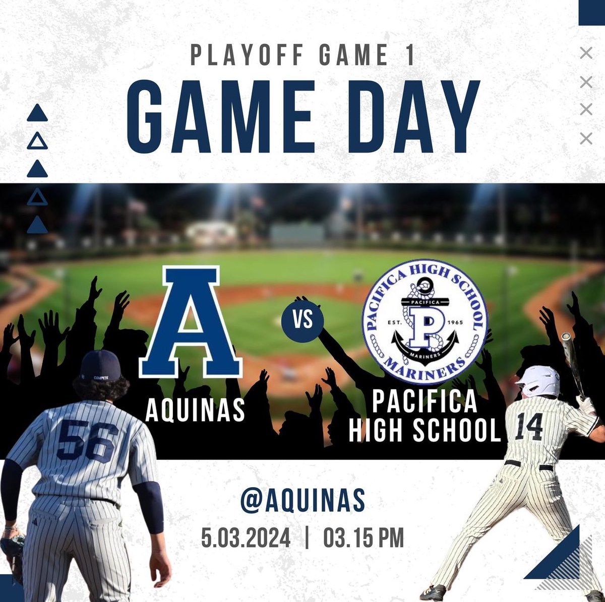 GAME. DAY!! Round 1 for @AquinasBasebal1 @AquinasAthSB @CIFSS D1 with a chance to make history on the line with a win. That’ll give Falcons 🦅 head coach Mike Carpentier 100th HS career WIN! Let’s make history and be a part of something special. Come pack the nest! #Compete