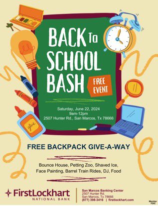 Bobcat Nation, join me and my teammates on June 22nd 9am-12pm @FirstLockhart Back to School Bash in SMTX! This great event will include a free backpack give-away, food, live music, and much more! Let’s #TakeBackTexasBanking together! #BobcatsHelpingBobcats