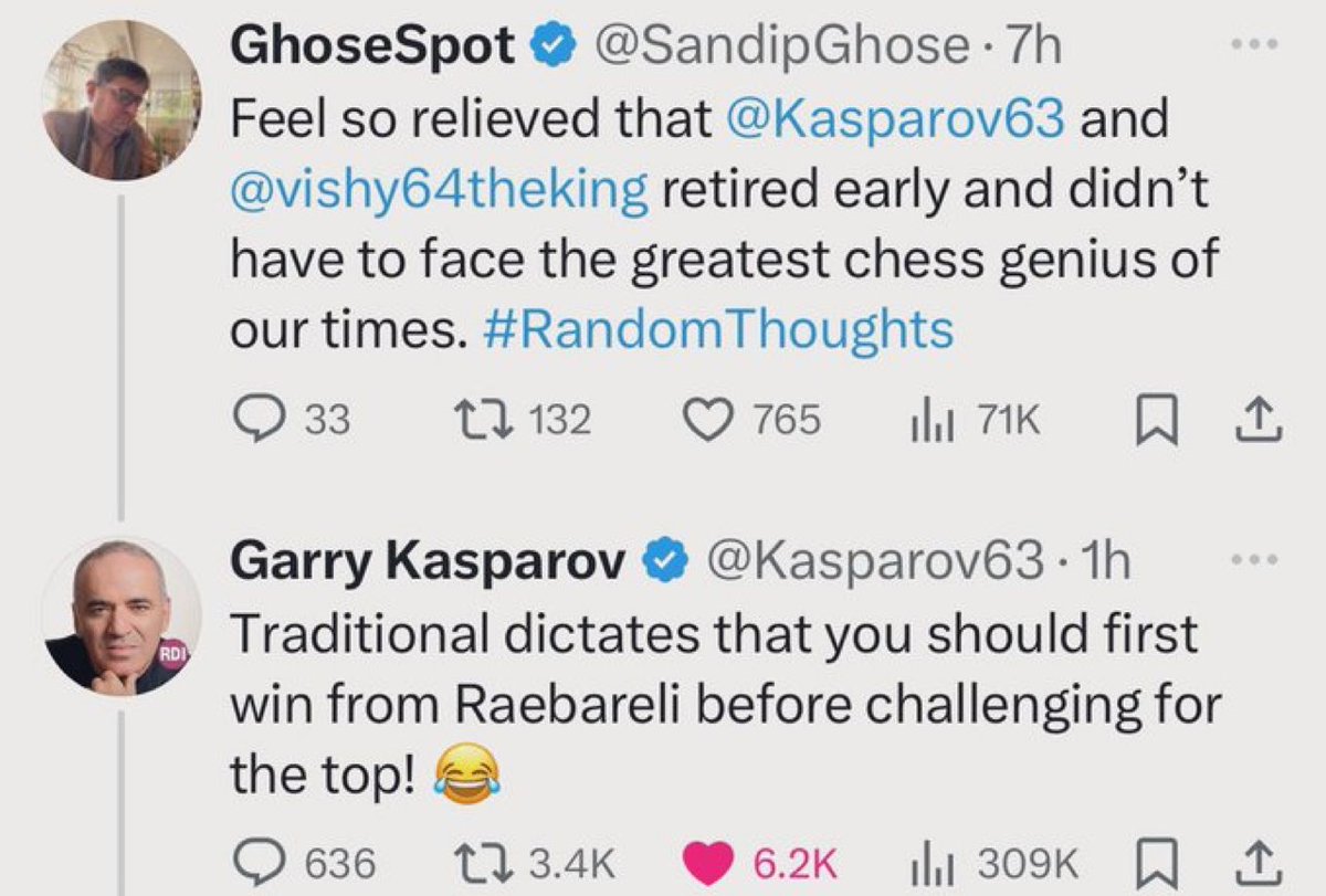 I can’t stop my tears 😭. Russian Chess Grandmaster and former World Chess Champion, is trolling our resident Chess Champion/Martial Arts Expert/Hockey Player/Wrestler and leader @RahulGandhi , mercilessly. Kasparov doesn’t know Rahul Gandhi ji is a National shooting champion…